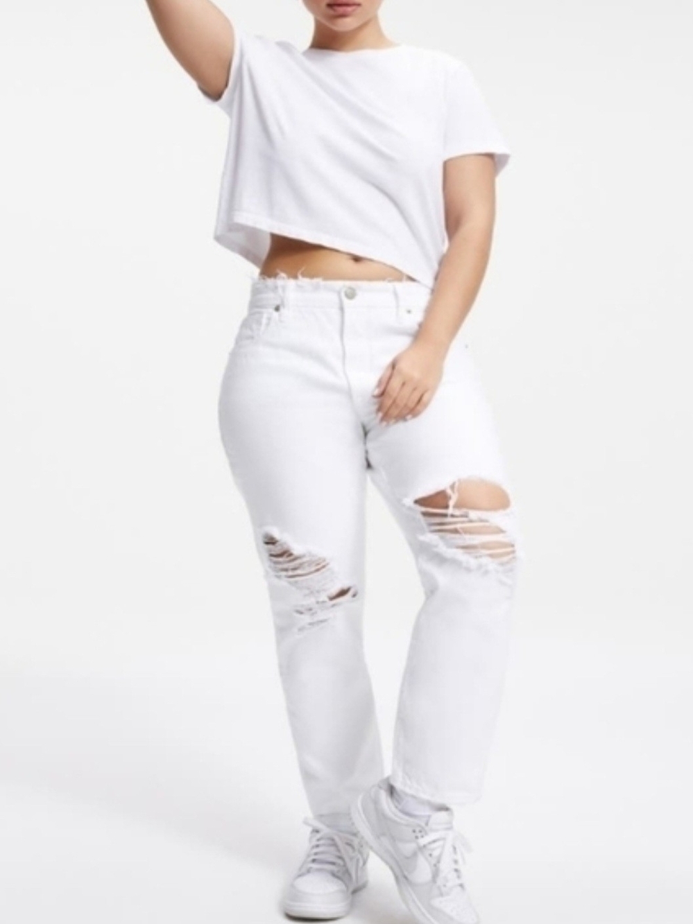Good American Girlfriend Ripped High Waist Ankle Jeans White 2/26